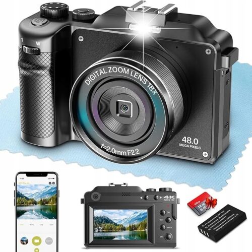 Aparat cyfrowy 4K z dwiema soczewkami, 48 MP, autofokus z zoomem 18 x