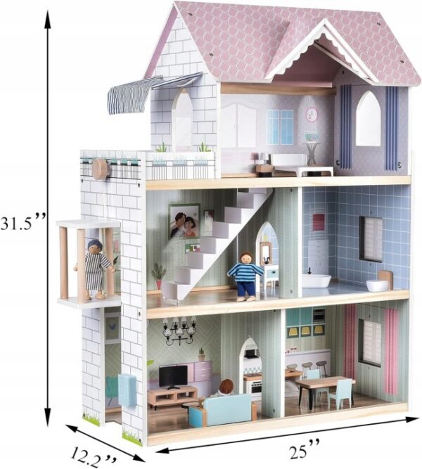 Drewniany domek dla lalek z windą dla dziewczynek od 3 lat 80 cm