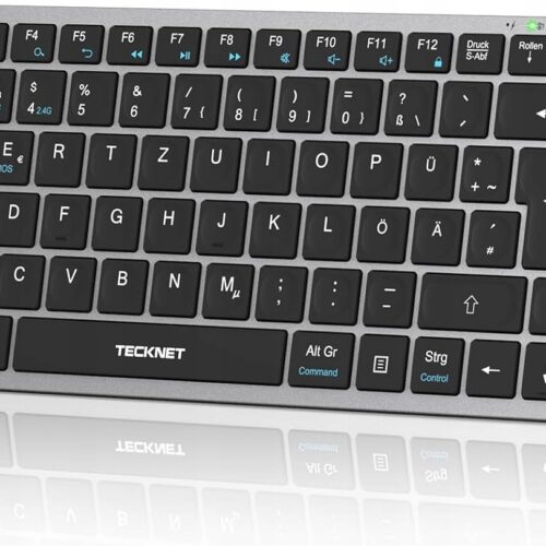 TeckNet Klawiatura Bezprzewodowa BT/2.4G, Cicha, Srebrna, QWERTZ