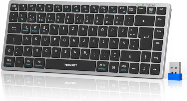 TeckNet Klawiatura Bezprzewodowa BT/2.4G, Cicha, Srebrna, QWERTZ