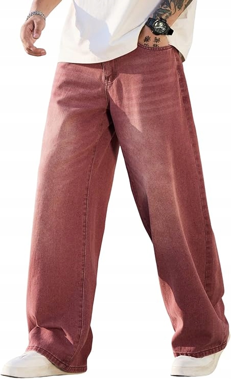 Zewool Męskie Spodnie Baggy Jeansowe Luźne Szerokie Nogawki Czerwone XXL